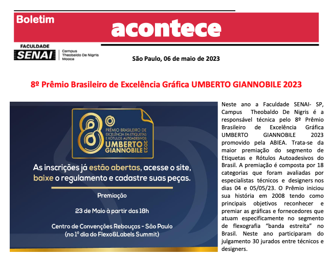 Boletim Acontece SENAI – 8º Prêmio Brasileiro de Excelência Gráfica UMBERTO GIANNOBILE 2023